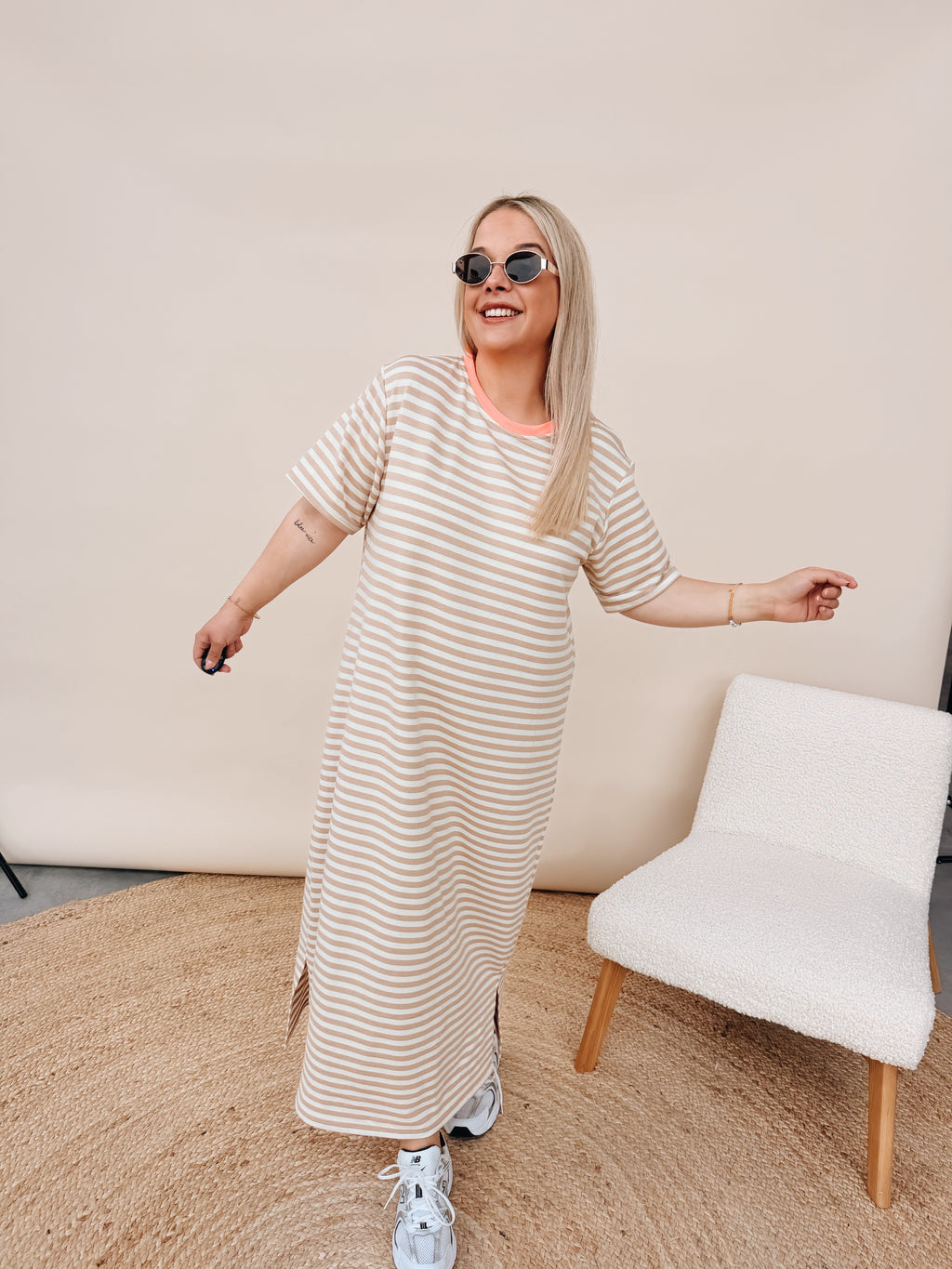 Ines Striped Dress Beige