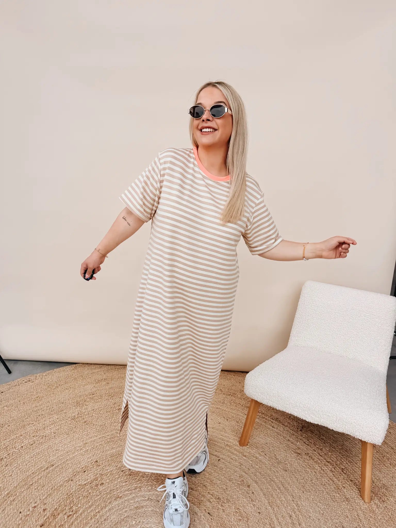Ines Striped Dress Beige