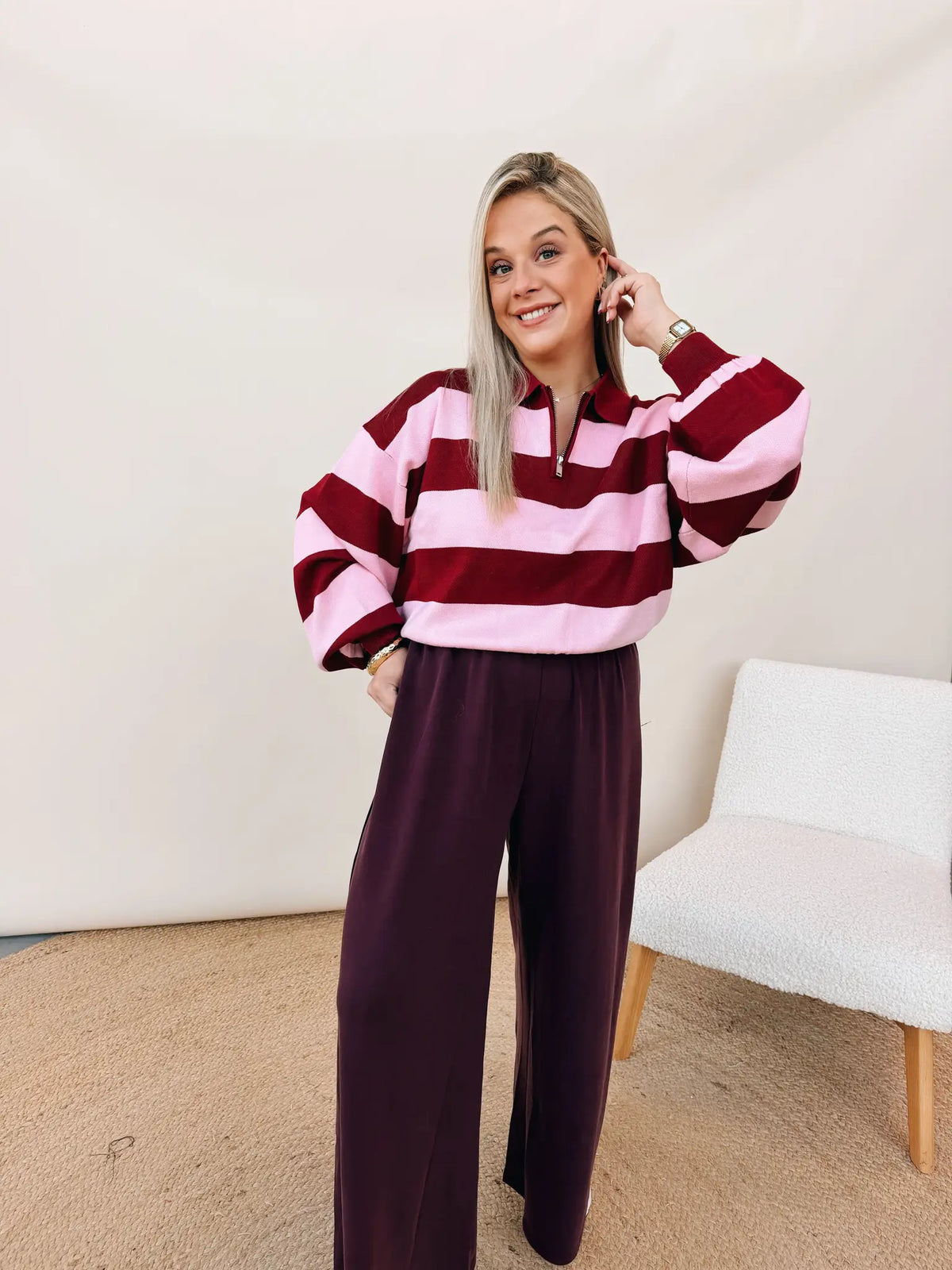 Éloïse Pull Bordeaux/Rose