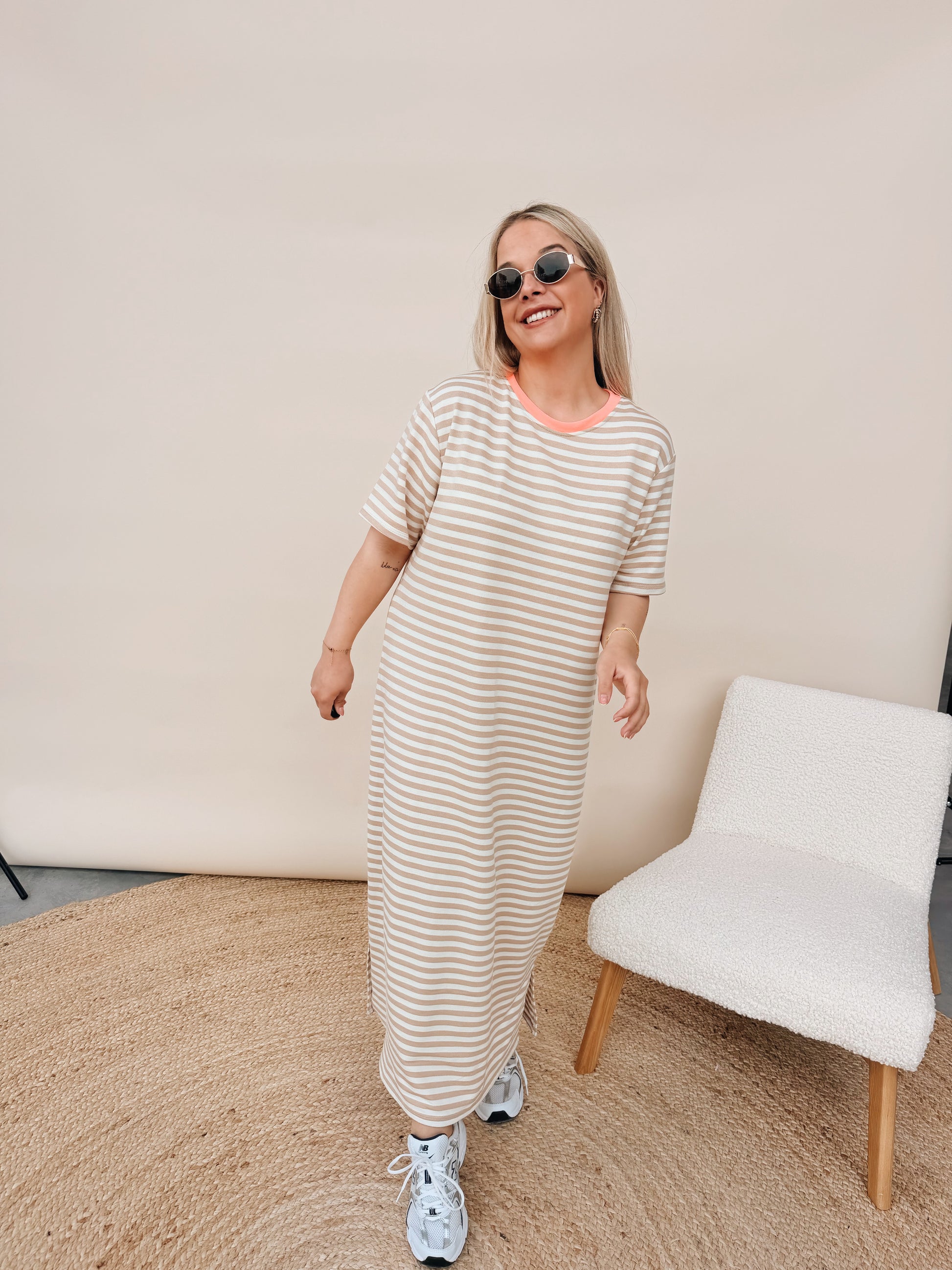 Ines Striped Dress Beige