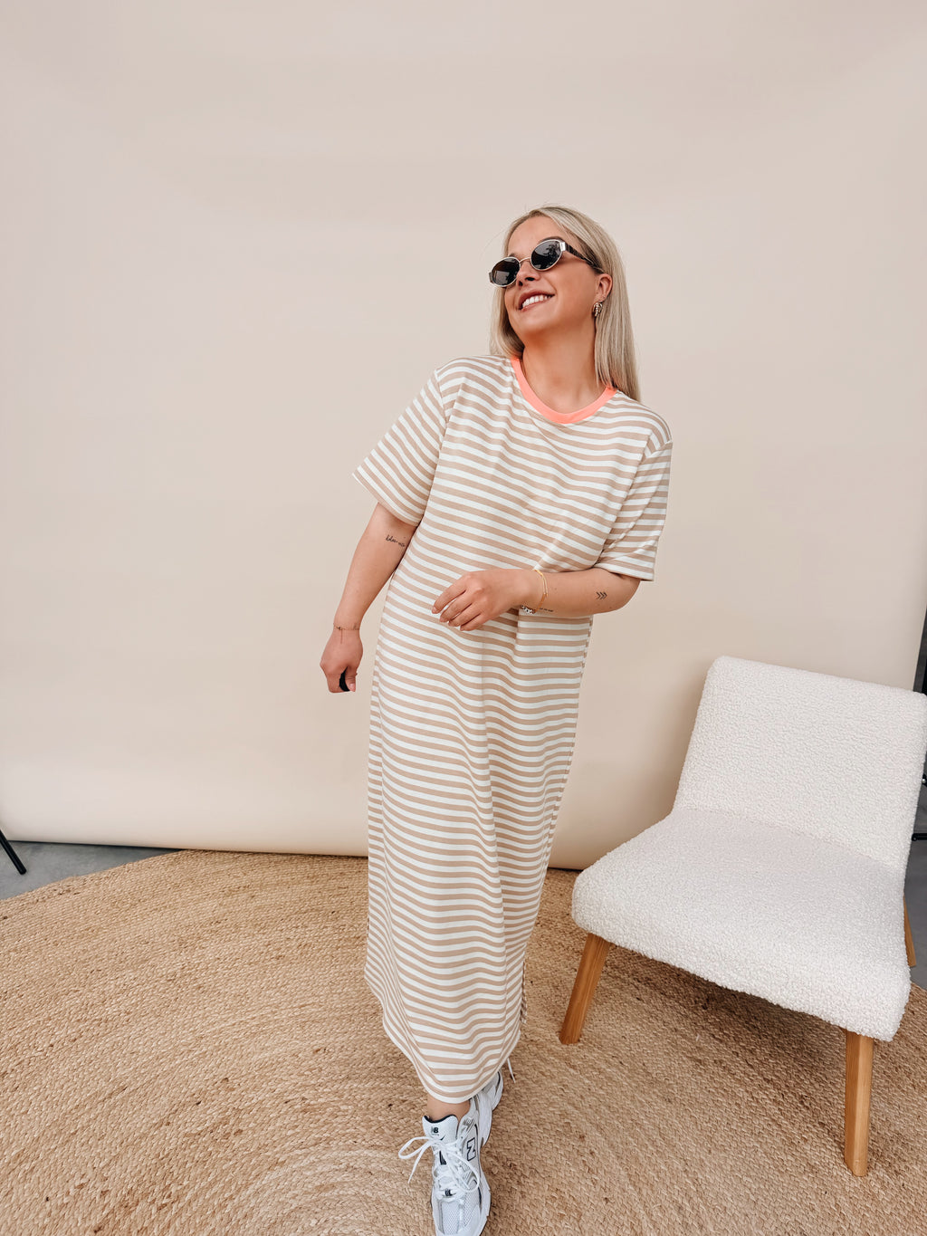 Ines Striped Dress Beige