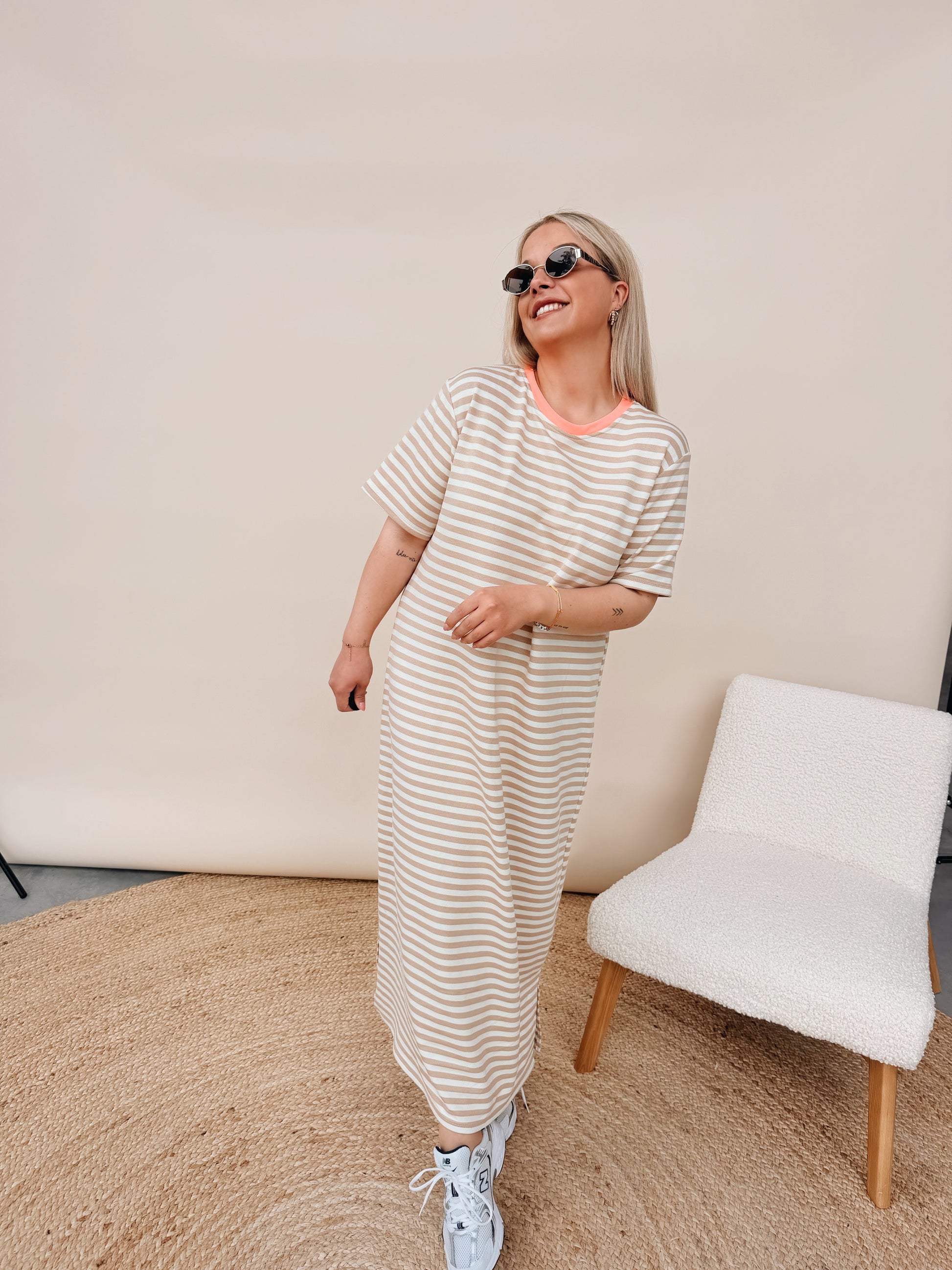 Ines Striped Dress Beige