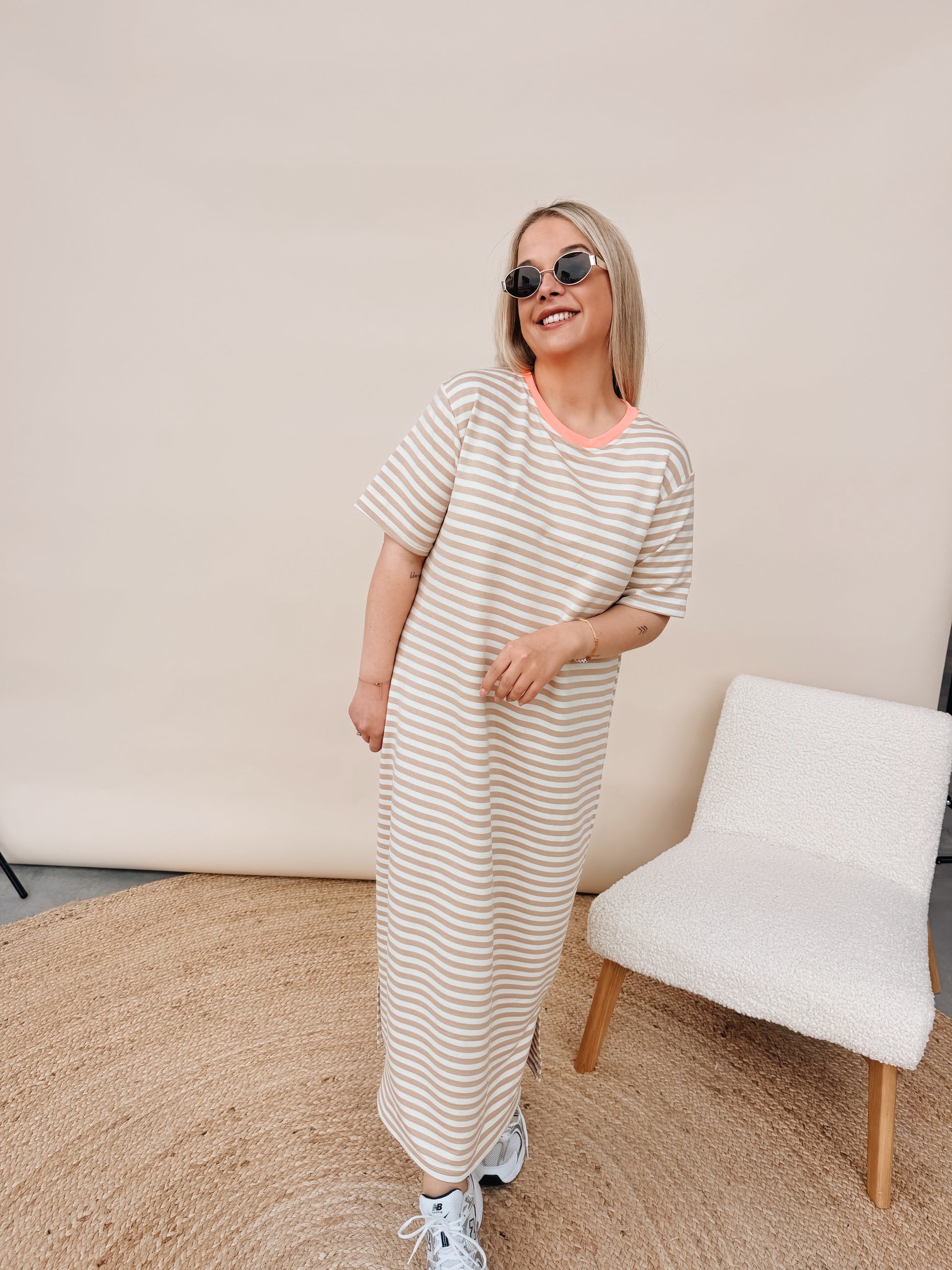 Ines Striped Dress Beige