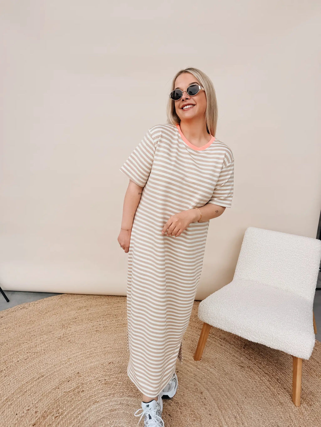 Ines Striped Dress Beige